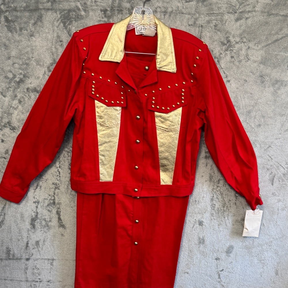 D Frank Vtg Red and Gold Studded Jacket and Skirt Set cotton sz 12